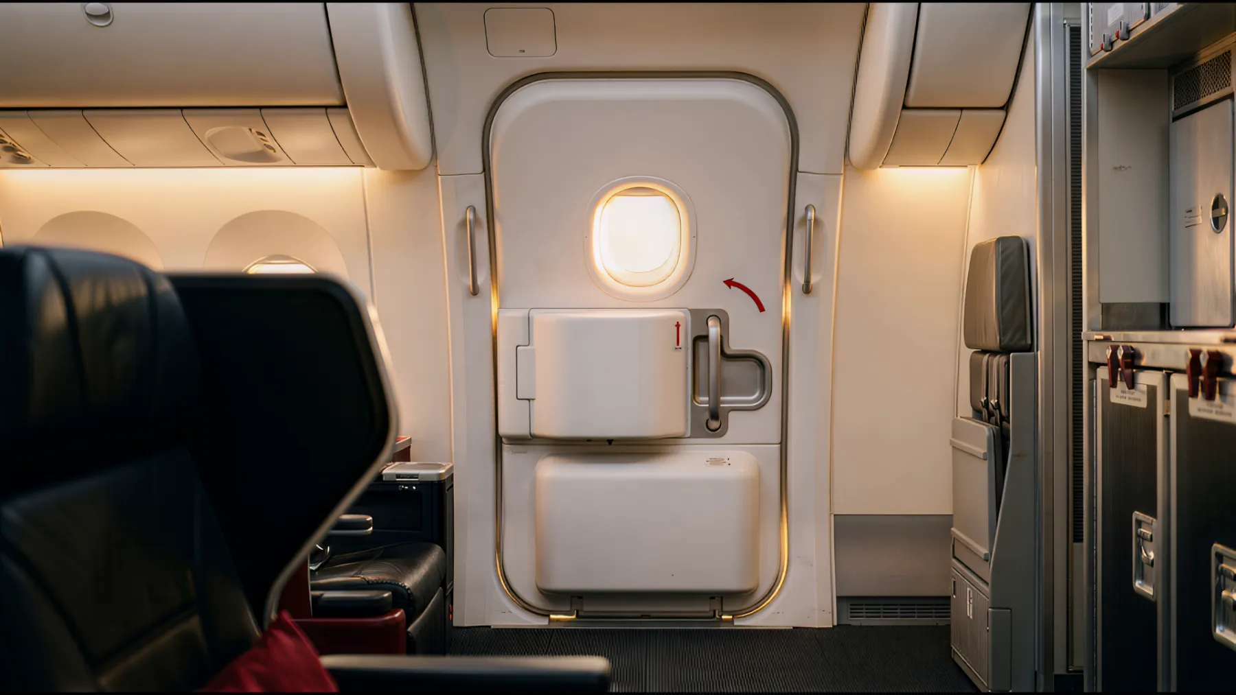 Inside an aircraft cabin at sunset, facing its closed main door
