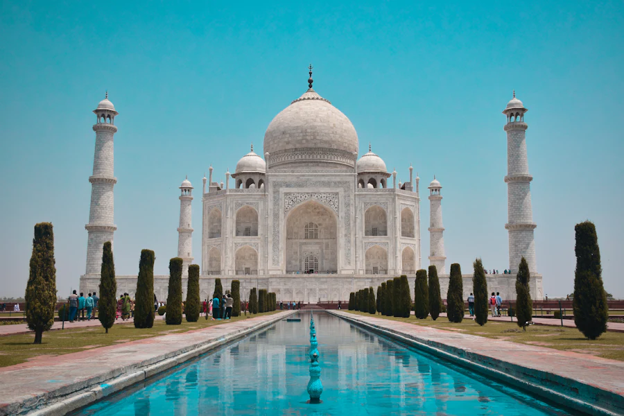 The Taj Mahal reflected in its garden pool