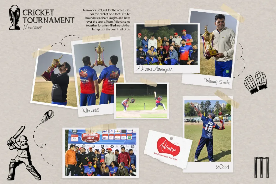 A collage of the Adiona cricket tournament: winners with the trophy, the team photo and night matches