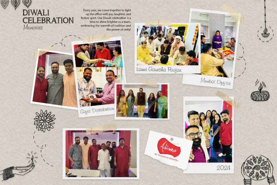 A collage of Diwali at Adiona: the Laxmi Ganesha puja, gift distribution and the Mumbai office team