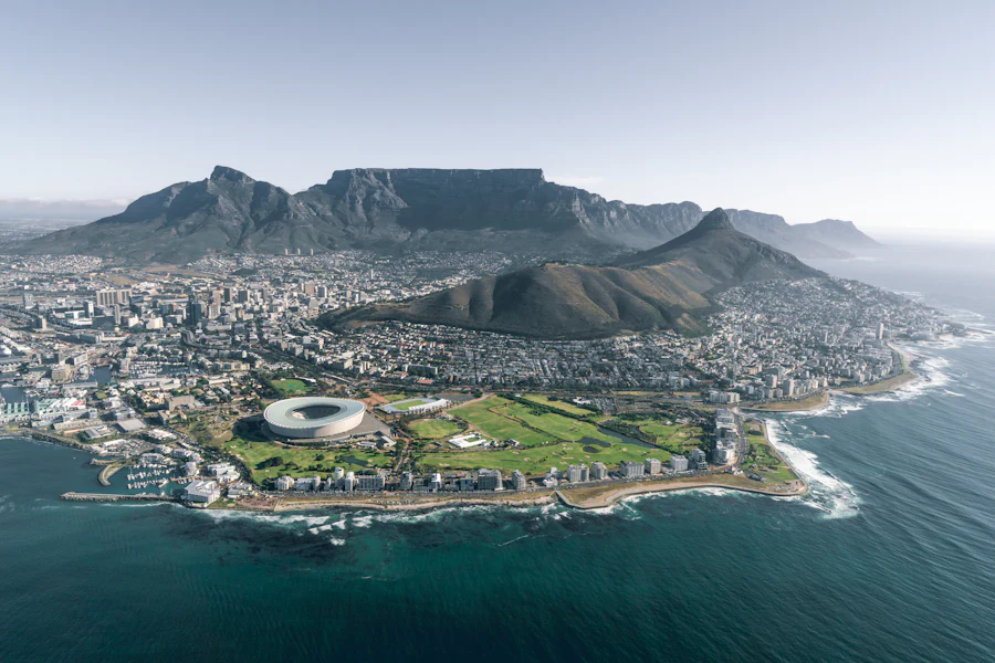 Aerial view of Cape Town with Table Mountain behind the city